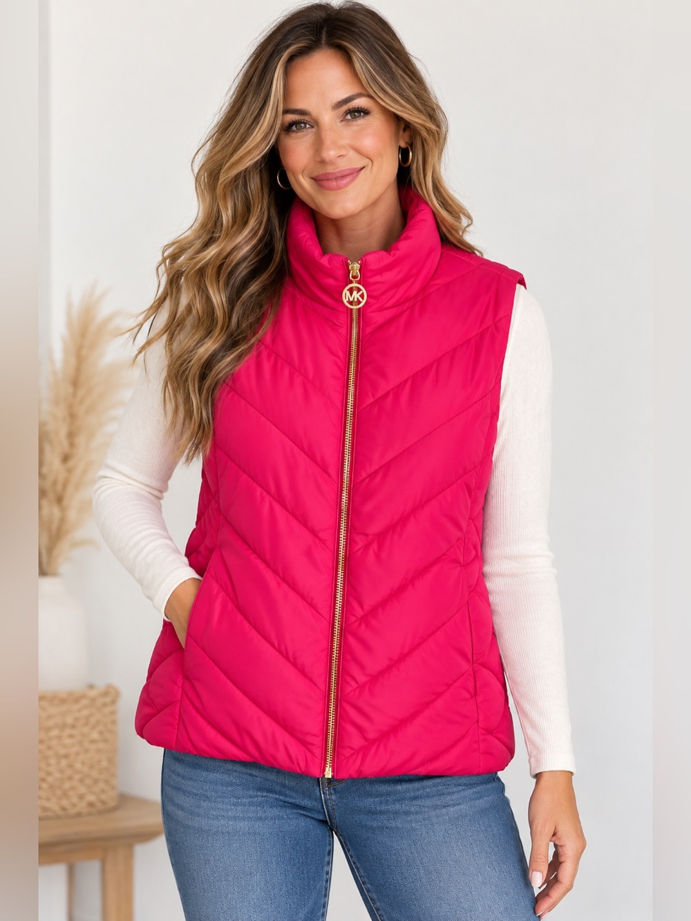 Michael Michael Kors Hot Pink Quilted Puffer Vest Women’s L Gold MK Zip